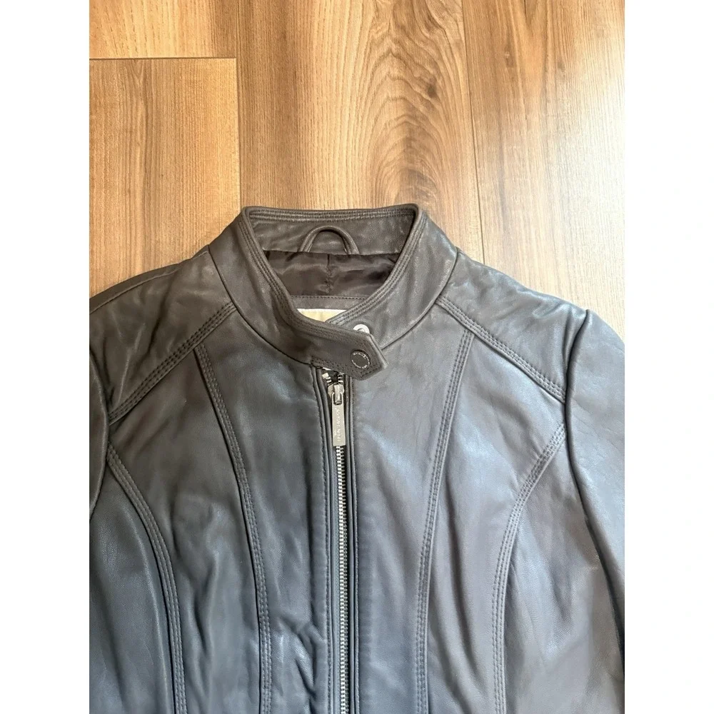 Michael Michael Kors Dark Gray Leather Moto Jacket Women's Small Silver Coat